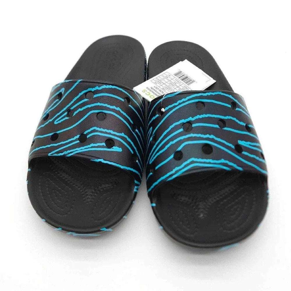 Crocs Mens 9 Womens‎ 11 Black Blue Slide Ron English Classic Zebra Print Sandals
